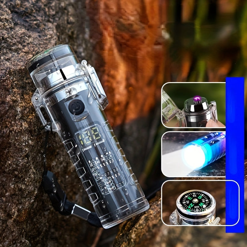 Ignite your outdoor adventures with the Rechargeable Electric Lighter! Featuring a savvy LED compass, a double arc for flameless ignition, USB charging, and portability for on-the-go use. It's water-resistant, doubles as an L